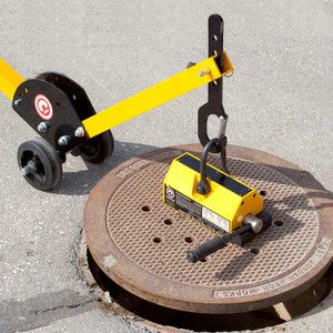 Magnetic Manhole Cover Lift Dolly System, for Up to 26" dia. Manhole Covers, Steel Dolly with 6" wheels and PowerLift Magnet, 800 lbs. Rating - MCL2W06PNL0800