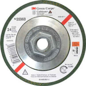 3M 24 Grit, 4-1/2" Wheel Diam, 1/4" Wheel Thickness, Type 27 Depressed Center Wheel Ceramic, 13,300 Max RPM, Compatible with Angle Grinder 7010308189 - 43349505