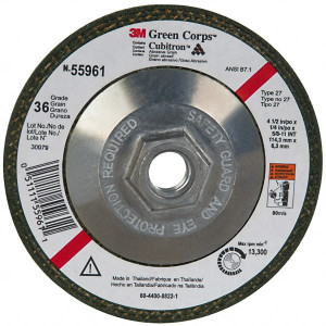 3M 36 Grit, 4-1/2" Wheel Diam, 1/4" Wheel Thickness, Type 27 Depressed Center Wheel Ceramic, 13,300 Max RPM, Compatible with Angle Grinder 7010359976 - 43349513