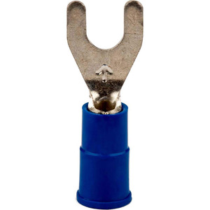 3M #8 Stud, 16 to 14 AWG Compatible, Partially Insulated, Crimp Connection, Standard Fork Terminal 0.3" Fork Width, Vinyl Insulation, Blue, 0.85" OAL, 0.03" Thick, Copper Contacts 7010397394 - 77675668