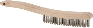 Osborn 4 Rows x 18 Columns Stainless Steel Platers Brush 5-3/4" Brush Length, 13-1/4" OAL, 1" Trim Length, Wood Curved Handle 0005403700 - 53502365