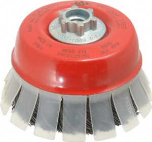 JAZ USA 4" Diam 5/8-11;M14x2.00 Threaded Arbor Steel Fill Cup Brush Knotted Wire, 0.02" Wire Diam, 1-1/8" Trim, 8,500 Max RPM 54950 - 04397675
