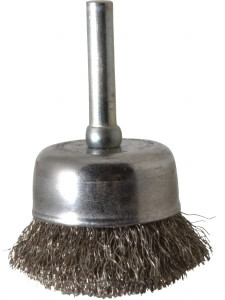 Made in USA 1-3/4" Diam 1/4" Shank Stainless Steel Fill Cup Brush Crimped Wire, 0.008" Wire Diam, 3/4" Trim, 13,000 Max RPM PB33360 - 03541323