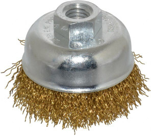 Value Collection 2-3/4" Diam 5/8-11 Threaded Arbor Brass Fill Cup Brush Crimped Wire, 0.02" Wire Diam, 7/8" Trim, 12,500 Max RPM 0107558350 - 74038142