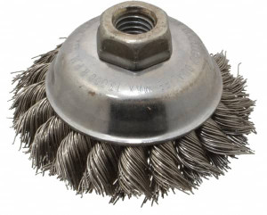Weiler Abrasives 3-1/2" Diam 5/8-11 Threaded Arbor Stainless Steel Fill Cup Brush Knotted Wire, 0.023" Wire Diam, 7/8" Trim, 13,000 Max RPM 94697 - 03597978