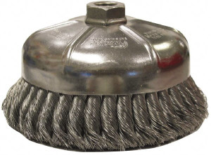 Weiler Abrasives 3-1/2" Diam 5/8-11 Threaded Arbor Steel Fill Cup Brush Knotted Wire, 0.02" Wire Diam, 1-1/4" Trim, 9,000 Max RPM 12746 - 75847228