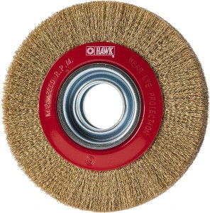 Value Collection 6" OD, 1-1/4" Arbor Hole, Crimped Brass-Coated Steel Wheel Brush 1" Face Width, 1-1/8" Trim Length, 0.007" Filament Diam, 6,000 RPM S04064911 - 04064911