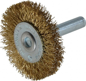 Value Collection 1-5/8" OD, 1/4" Shank Diam, Crimped Brass-Coated Steel Wheel Brush 3/16" Face Width, 3/8" Trim Length, 0.015" Filament Diam, 4,500 RPM S04065165 - 04065165