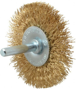 Value Collection 2-1/2" OD, 1/4" Shank Diam, Crimped Brass-Coated Steel Wheel Brush 11/32" Face Width, 1/2" Trim Length, 0.015" Filament Diam, 4,500 RPM S04065207 - 04065207