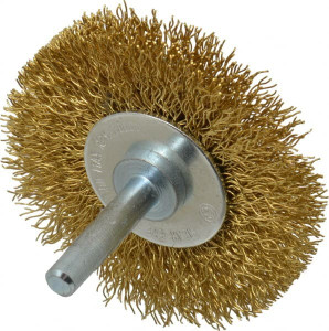 Value Collection 2-1/2" OD, 1/4" Shank Diam, Crimped Brass Wheel Brush 3/8" Face Width, 1/2" Trim Length, 0.012" Filament Diam, 20,000 RPM 53063063301 - 74038704
