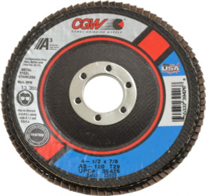 CGW Abrasives 4-1/2" 120 Grit 7/8" Center Hole Type 29 Aluminum Oxide Flap Disc Fine Grade, Coated, Arbor Attachment, Polyester Backing, 13,300 RPM 39426 - 02555225