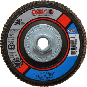 CGW Abrasives 4-1/2" 120 Grit 5/8-11 Center Hole Type 29 Aluminum Oxide Flap Disc Fine Grade, Coated, Arbor Attachment, Polyester Backing, 13,300 RPM 39436 - 02555324