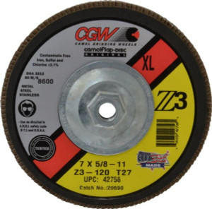 CGW Abrasives 7" 120 Grit 5/8-11 Center Hole Type 27 Zirconia Alumina Flap Disc Fine Grade, Coated, Arbor Attachment, Poly Cotton Backing, 8,600 RPM 42756 - 02555860
