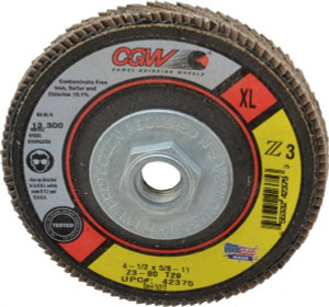 CGW Abrasives 4-1/2" 80 Grit 5/8-11 Center Hole Type 29 Zirconia Alumina Flap Disc Medium Grade, Coated, Arbor Attachment, Poly Cotton Backing, 13,300 RPM 42375 - 02555894