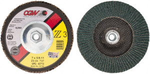 CGW Abrasives 7" 24 Grit 5/8-11 Center Hole Type 27 Zirconia Alumina Flap Disc Very Coarse Grade, Coated, Arbor Attachment, Poly Cotton Backing, 8,600 RPM 42710 - 56435308