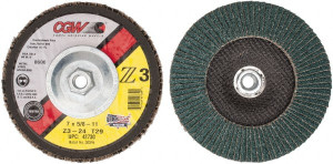 CGW Abrasives 7" 24 Grit 5/8-11 Center Hole Type 29 Zirconia Alumina Flap Disc Very Coarse Grade, Coated, Arbor Attachment, Poly Cotton Backing, 8,600 RPM 42730 - 56435365