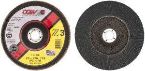 CGW Abrasives 7" 120 Grit 7/8" Center Hole Type 29 Zirconia Alumina Flap Disc Fine Grade, Coated, Arbor Attachment, Poly Cotton Backing, 8,600 RPM 42726 - 56451560