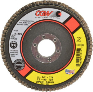 CGW Abrasives 4-1/2" 80 Grit 7/8" Center Hole Type 27 Zirconia Alumina Flap Disc Medium Grade, Coated, Arbor Attachment, Polyester Backing, 13,300 RPM 31015 - 56505795
