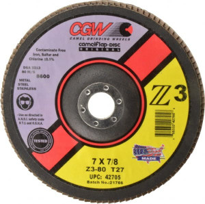 CGW Abrasives 7" 80 Grit 7/8" Center Hole Type 27 Zirconia Alumina Flap Disc Medium Grade, Coated, Arbor Attachment, Poly Cotton Backing, 8,600 RPM 42705 - 60839230