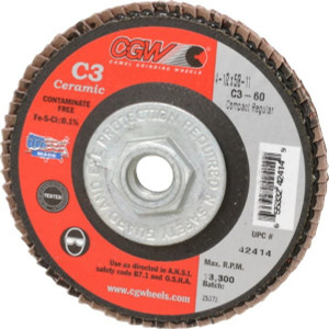 CGW Abrasives 4-1/2" 60 Grit 5/8-11 Center Hole Ceramic Flap Disc Medium Grade, Coated, Arbor Attachment, Polyester Backing, 13,300 RPM 42414 - 63009658