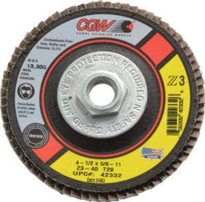 CGW Abrasives 4-1/2" 40 Grit 5/8-11 Center Hole Type 29 Zirconia Alumina Flap Disc Coarse Grade, Coated, Arbor Attachment, Poly Cotton Backing, 13,300 RPM 42332 - 82283904
