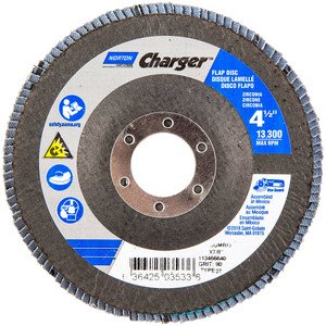 Norton 4-1/2" 80 Grit 7/8" Center Hole Type 27 Zirconia Alumina Flap Disc Medium Grade, Coated, Arbor Attachment, Fiberglass Backing, 13,000 RPM 63642503533 - 05950258
