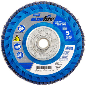 Norton 5" 36 Grit 5/8-11 Center Hole Type 27 Zirconia Alumina Flap Disc Coarse Grade, Coated, Arbor Attachment, Plastic Backing, 12,000 RPM 66623399144 - 36044352