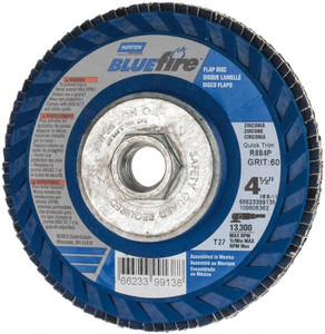 Norton 4-1/2" 60 Grit 5/8-11 Center Hole Type 27 Zirconia Alumina Flap Disc Medium Grade, Coated, Arbor Attachment, Fiberglass Backing, 13,300 RPM 66623399138 - 82482860