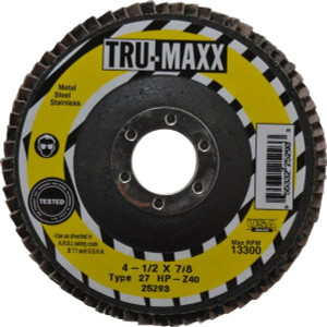Tru-Maxx 4-1/2" 40 Grit 7/8" Center Hole Type 27 Zirconia Alumina Flap Disc Coarse Grade, Coated, Arbor Attachment, 13,300 RPM 25293 - 06379309