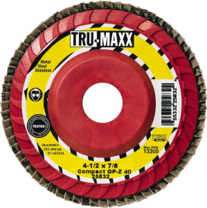 Tru-Maxx 4-1/2" 40 Grit 7/8" Center Hole Compact Zirconia Alumina Flap Disc Medium Grade, Coated, Arbor Attachment, Polyester Backing, 13,300 RPM 25832 - 61161451