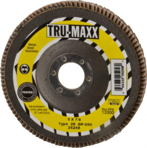Tru-Maxx 5" 60 Grit 7/8" Center Hole Type 29 Zirconia Alumina Flap Disc Medium Grade, Coated, Arbor Attachment, 12,200 RPM 25258 - 86779618
