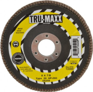 Tru-Maxx 5" 80 Grit 7/8" Center Hole Type 29 Zirconia Alumina Flap Disc Medium Grade, Coated, Arbor Attachment, 12,200 RPM 25259 - 86779626