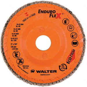 Walter Surface Technologies 5" 120 Grit 7/8" Center Hole Type 29 Zirconia Alumina Flap Disc Fine Grade, Coated, Arbor Attachment, Plastic Backing, 12,200 RPM 15R512 - 61491890