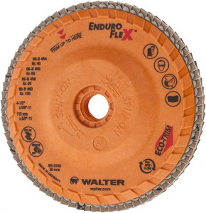 Walter Surface Technologies 4-1/2" 120 Grit 5/8-11 Center Hole Zirconia Alumina Flap Disc Fine Grade, Coated, Arbor Attachment, Plastic Backing, 13,300 RPM 06B462 - 80198914