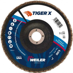 Weiler Abrasives 7" 60 Grit 7/8" Center Hole Type 27 Zirconia Alumina Flap Disc Medium Grade, Coated, Arbor Attachment, Phenolic Backing, 8,600 RPM 51230 - 46905964