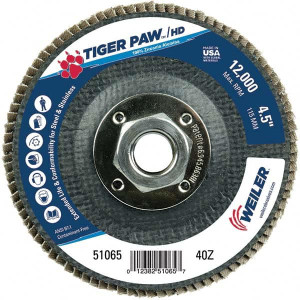 Weiler Abrasives Flap Discs; Abrasive Type: Coated, Flap Disc Type: Type 29, Disc Diameter (Inch): 4-1/2, Abrasive Material: Zirconia Alumina, Grit: 40, Attaching System: Threaded Hole 51065 - 90340753