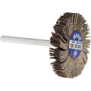 Merit Abrasives 1-3/16" Diam x 3/16" Face Width, Fine Aluminum Oxide Coated Mounted Flap Wheel 1/8" Shank Mount, 120 Grit, Cloth Backing, 30,000 Max RPM 08834137502 - 09608571