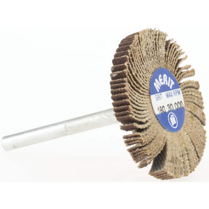 Merit Abrasives 1-3/16" Diam x 1/8" Face Width, Very Fine Aluminum Oxide Coated Mounted Flap Wheel 1/8" Shank Mount, 180 Grit, Cloth Backing, 30,000 Max RPM 08834137493 - 84400662