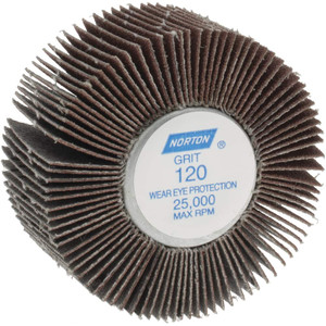 Norton 2" Diam x 1" Face Width, Fine Aluminum Oxide Coated Mounted Flap Wheel 1/4-20 Threaded Mount, 120 Grit, Cloth Backing, 23,000 Max RPM 63642502648 - 05098348