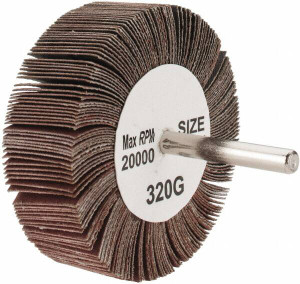 Tru-Maxx 3" Diam x 1" Face Width, Extra Fine Aluminum Oxide Coated Mounted Flap Wheel 1/4" Shank Mount, 320 Grit, 20,000 Max RPM SZMM1320 - 87661583