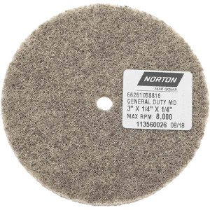 Norton 3" Diam, 1/4" Face Width, 1/4" Center Hole, Fine Grade, Aluminum Oxide Deburring Wheel Unitized, Medium Density 4 Grade, 8,000 RPM 66261058816 - 70500277