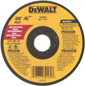 DeWALT 4-1/2 x 0.045, 7/8" Hole Aluminum Oxide Cutoff Wheel Reinforced, 13,300 Max RPM, Use with Circular Saws DW8062 - 04064127 DeWALT 4-1/2 x 0.045, 7/8" Hole Aluminum Oxide Cutoff Wheel Reinforced, 13,300 Max RPM, Use with Circular Saws DW8062 - 04064127
