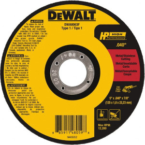 DeWALT 5 x 0.04, 7/8" Hole Aluminum Oxide Cutoff Wheel Reinforced, 12,200 Max RPM, Use with Angle Grinders DWA8063F - 41528605