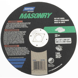 Norton 8 x 1/8, 5/8" Hole 24 Grit Silicon Carbide Cutoff Wheel Very Coarse, Reinforced, 7,640 Max RPM, Use with Circular Saws 07660789086 - 06049894