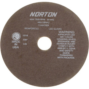 Norton 8 x 0.035, 1-1/4" Hole 60 Grit Aluminum Oxide Cutoff Wheel Medium Grade, Reinforced, 7,640 Max RPM, Use with Stationary Grinders 66253042980 - 83107755
