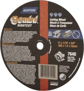 Norton 8 x 1/16, 5/8" Hole Aluminum Oxide Cutoff Wheel Reinforced, 7,640 Max RPM, Use with Circular Saws 66253007025 - 86904554