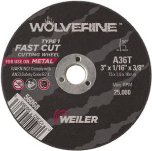 Weiler Abrasives 4 x 1/16, 3/8" Hole 36 Grit Aluminum Oxide Cutoff Wheel Medium Grade, Reinforced, 15,200 Max RPM, Use with Die Grinders 56086 - 52027851