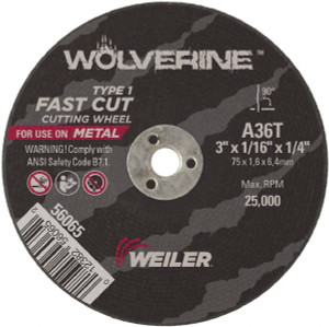 Weiler Abrasives 3 x 1/16, 1/4" Hole 36 Grit Aluminum Oxide Cutoff Wheel Medium Grade, Reinforced, 25,000 Max RPM, Use with Die Grinders 56065 - 61956587