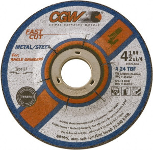 CGW Abrasives 24 Grit, 4-1/2" Wheel Diam, 1/4" Wheel Thickness, 7/8" Arbor Hole, Type 27 Depressed Center Wheel Coarse Grade, Aluminum Oxide, Resinoid Bond, 13,300 Max RPM 36102 - 40816837