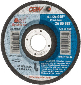 CGW Abrasives 60 Grit, 4-1/2" Wheel Diam, 7/8" Arbor Hole, Type 27 Depressed Center Wheel Zirconia Alumina, Resinoid Bond, S Hardness, 13,300 Max RPM, Compatible with Angle Grinder 45002 - 82391079